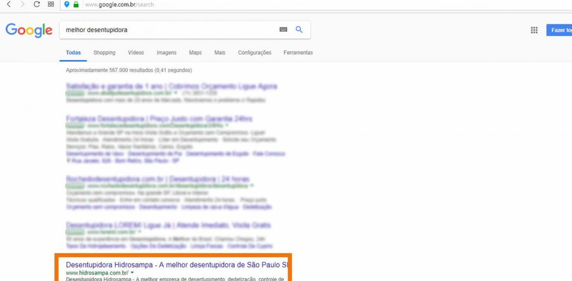 A Next Step coloca a Desentupidora Hidrosampa em primeiro lugar no Google para o termo "Desentupidora" e "Melhor Desentupidora"